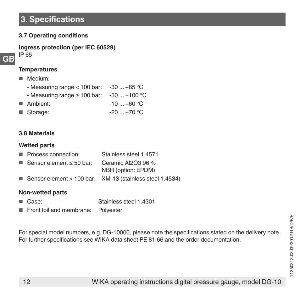 Specifications | WIKA DG-10 User Manual | Page 12 / 112