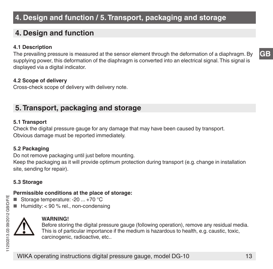 Transport, packaging and storage | WIKA DG-10 User Manual | Page 13 / 112