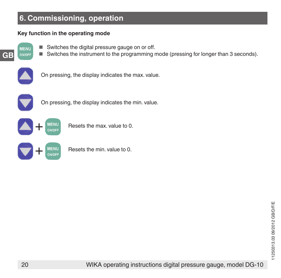 Gb 6. commissioning, operation | WIKA DG-10 User Manual | Page 20 / 112