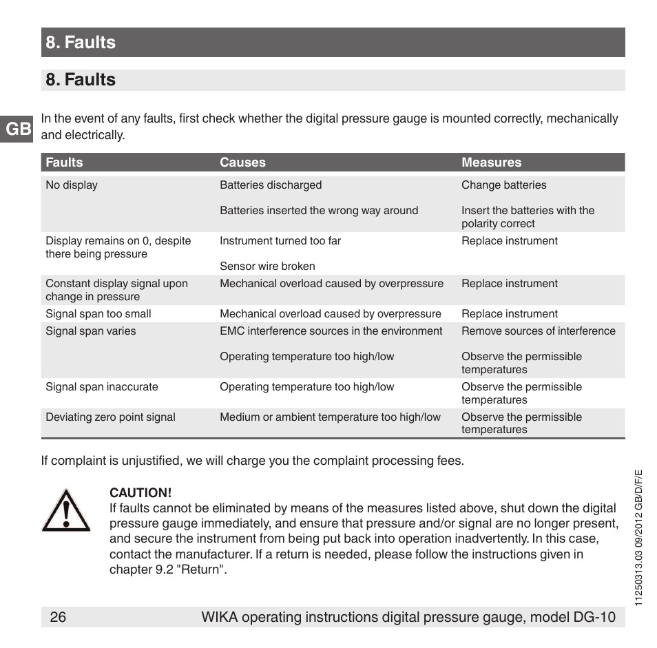 Gb 8. faults, Faults | WIKA DG-10 User Manual | Page 26 / 112