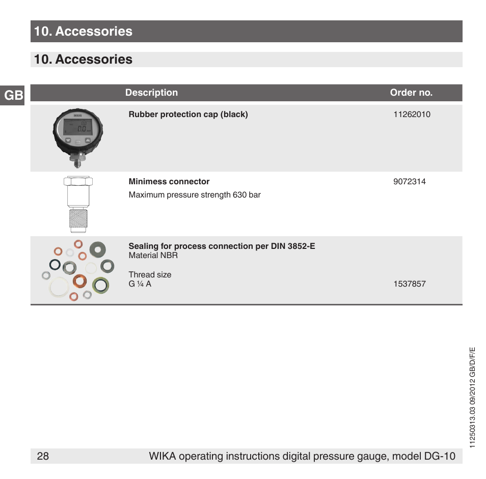 Gb 10. accessories 10. accessories | WIKA DG-10 User Manual | Page 28 / 112