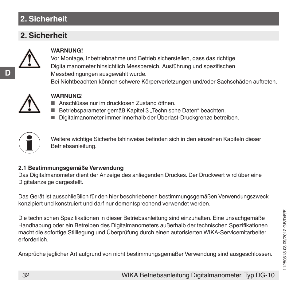 D2. sicherheit 2. sicherheit | WIKA DG-10 User Manual | Page 32 / 112
