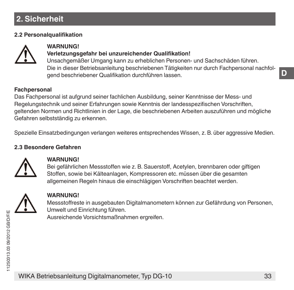 Sicherheit | WIKA DG-10 User Manual | Page 33 / 112