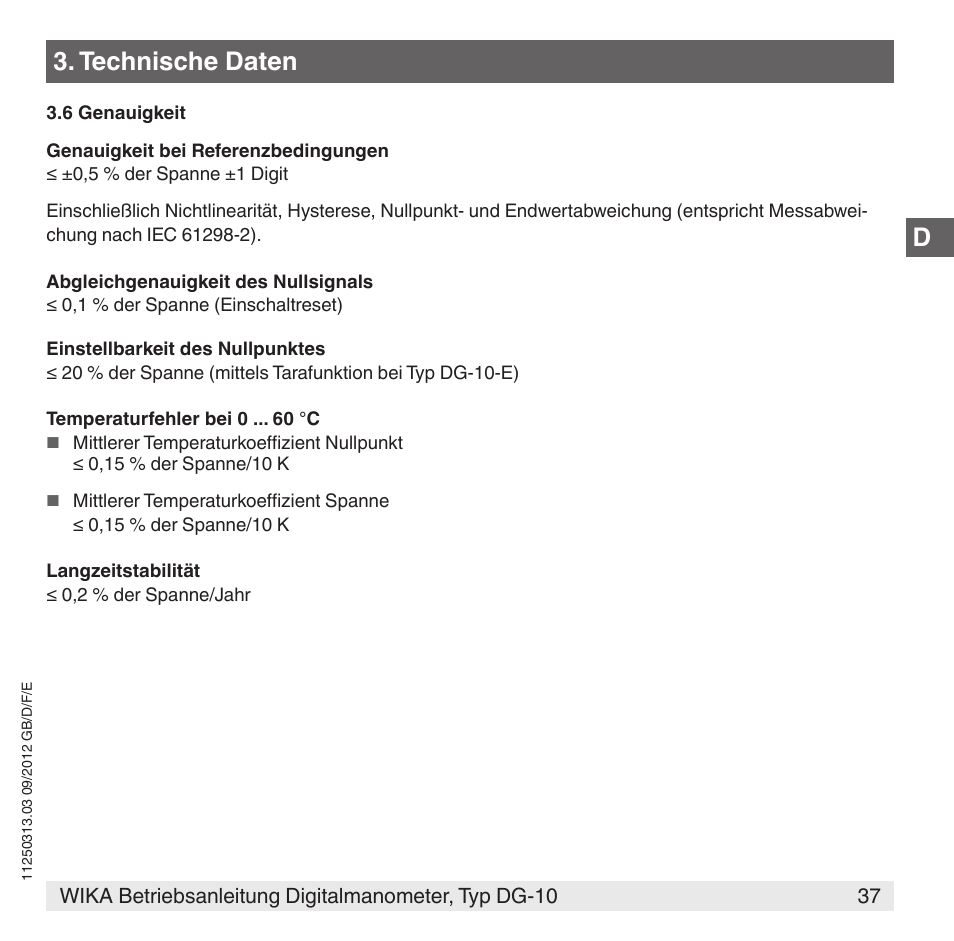Technische daten | WIKA DG-10 User Manual | Page 37 / 112