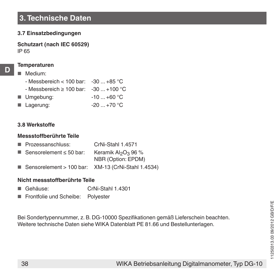 Technische daten | WIKA DG-10 User Manual | Page 38 / 112