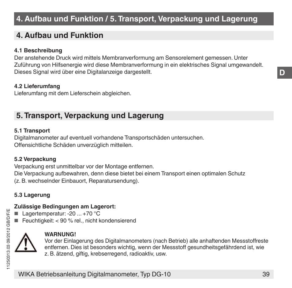 Transport, verpackung und lagerung | WIKA DG-10 User Manual | Page 39 / 112
