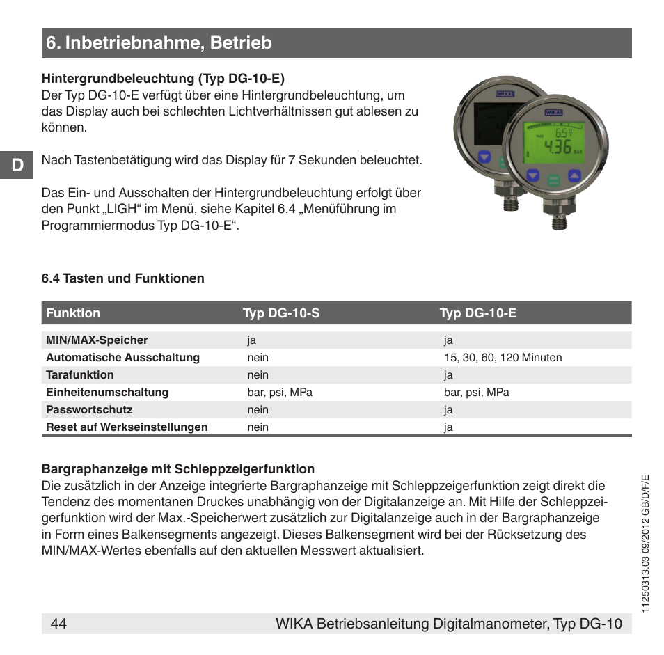 Inbetriebnahme, betrieb | WIKA DG-10 User Manual | Page 44 / 112