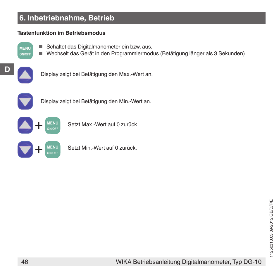 D6. inbetriebnahme, betrieb | WIKA DG-10 User Manual | Page 46 / 112