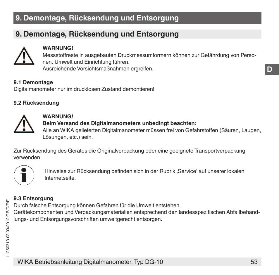 Demontage, rücksendung und entsorgung | WIKA DG-10 User Manual | Page 53 / 112