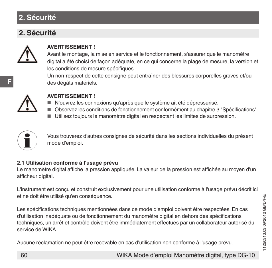Sécurité | WIKA DG-10 User Manual | Page 60 / 112