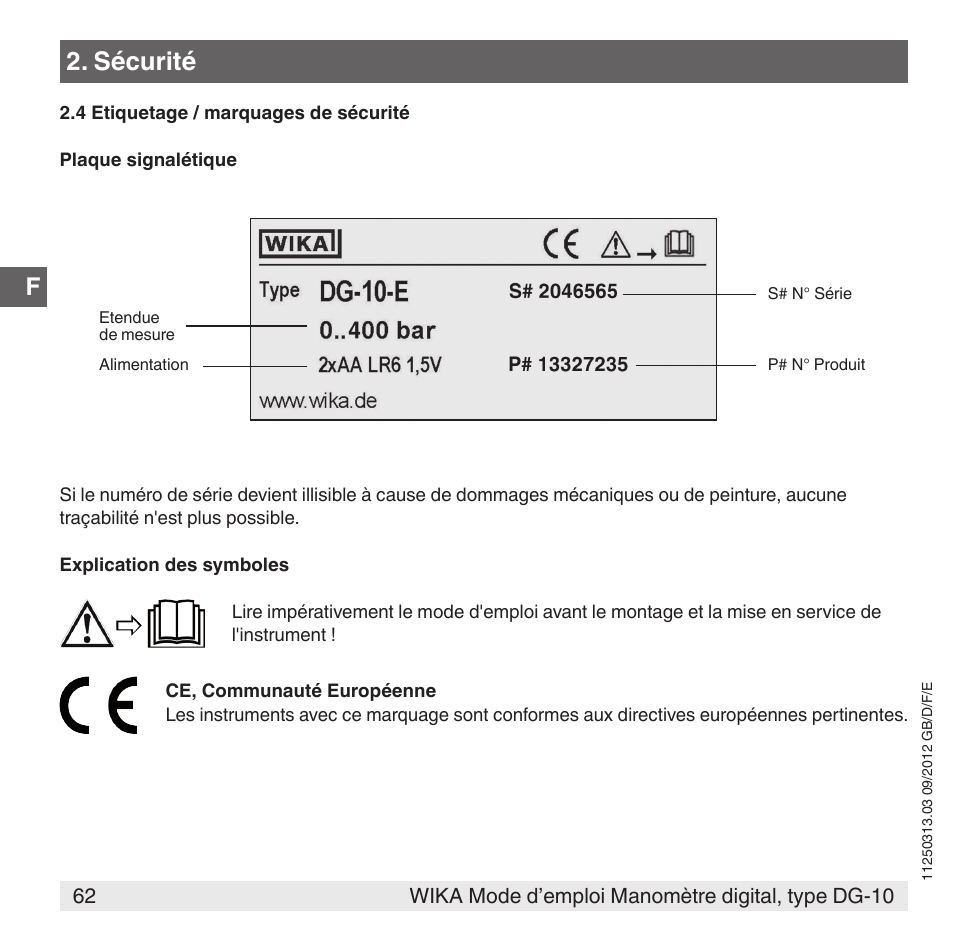 Sécurité | WIKA DG-10 User Manual | Page 62 / 112