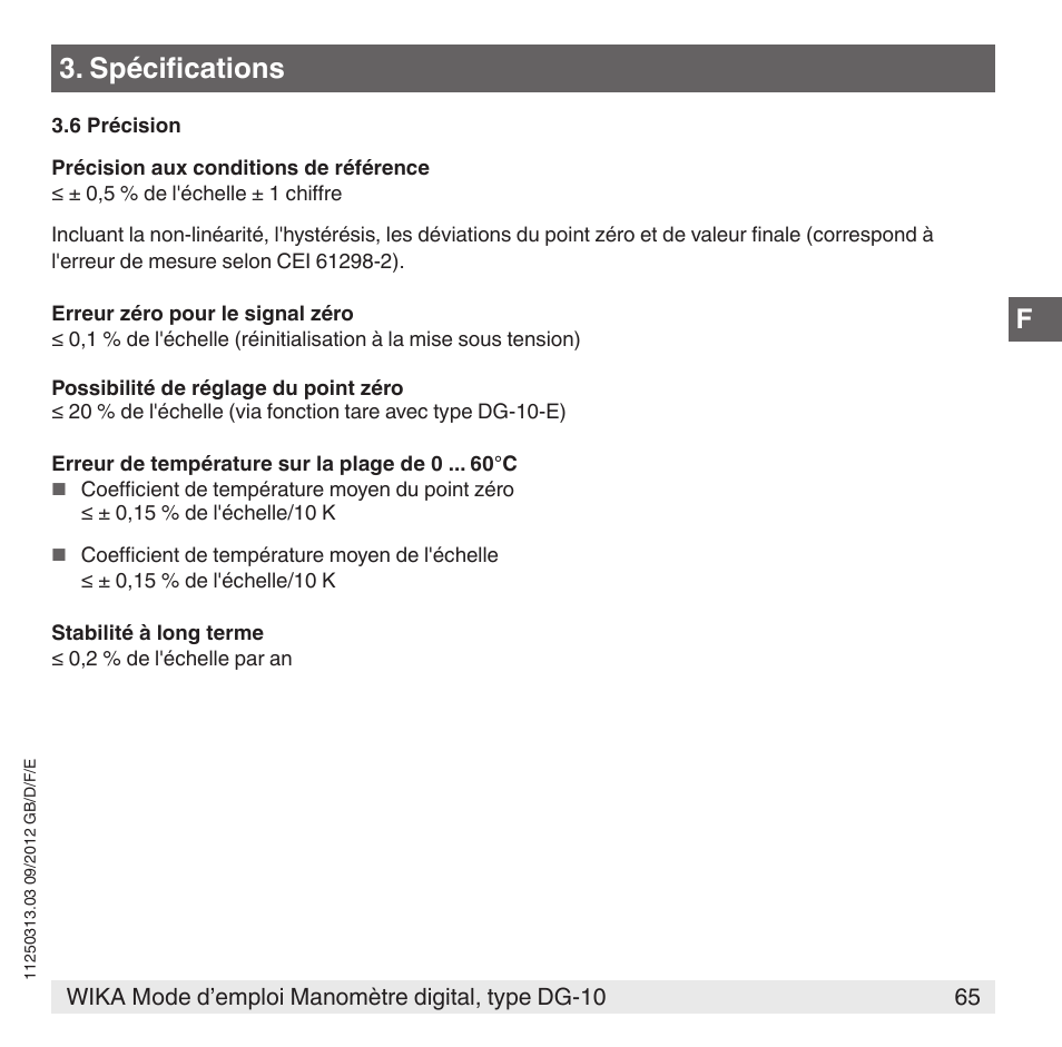 Spécifications | WIKA DG-10 User Manual | Page 65 / 112