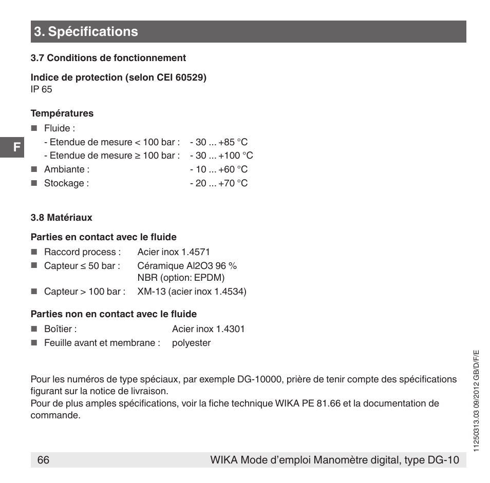 Spécifications | WIKA DG-10 User Manual | Page 66 / 112