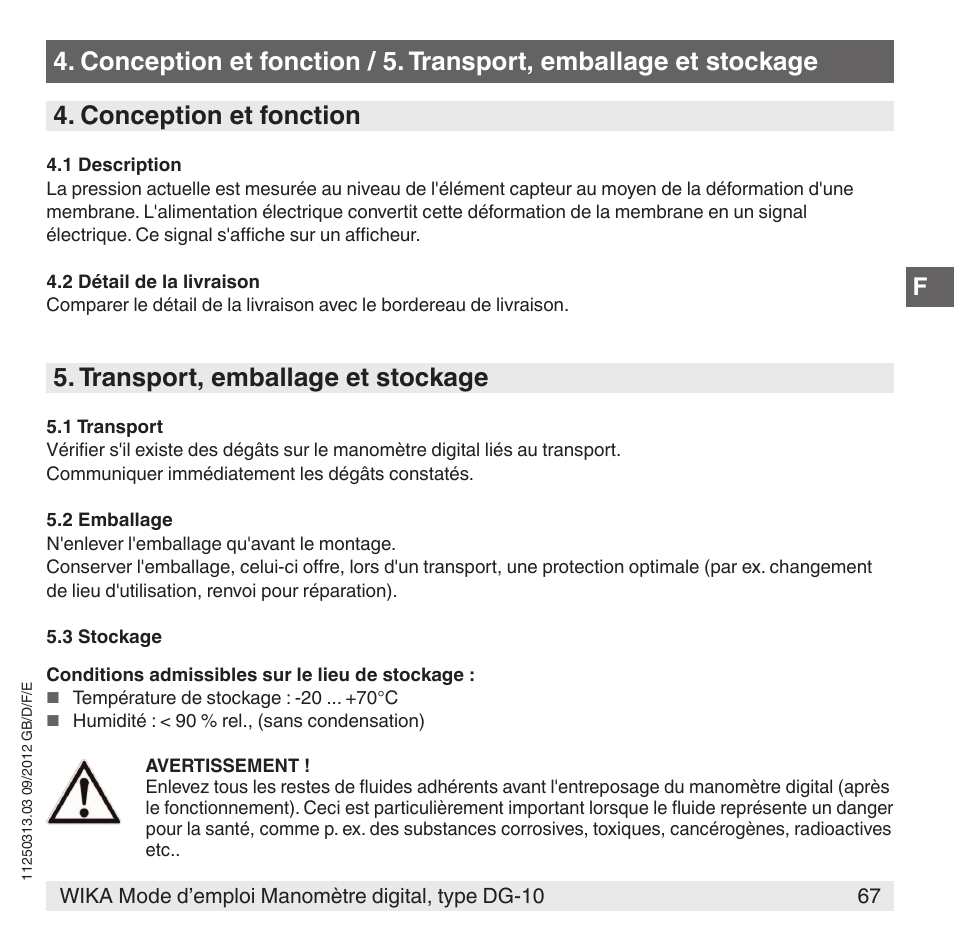 Transport, emballage et stockage | WIKA DG-10 User Manual | Page 67 / 112