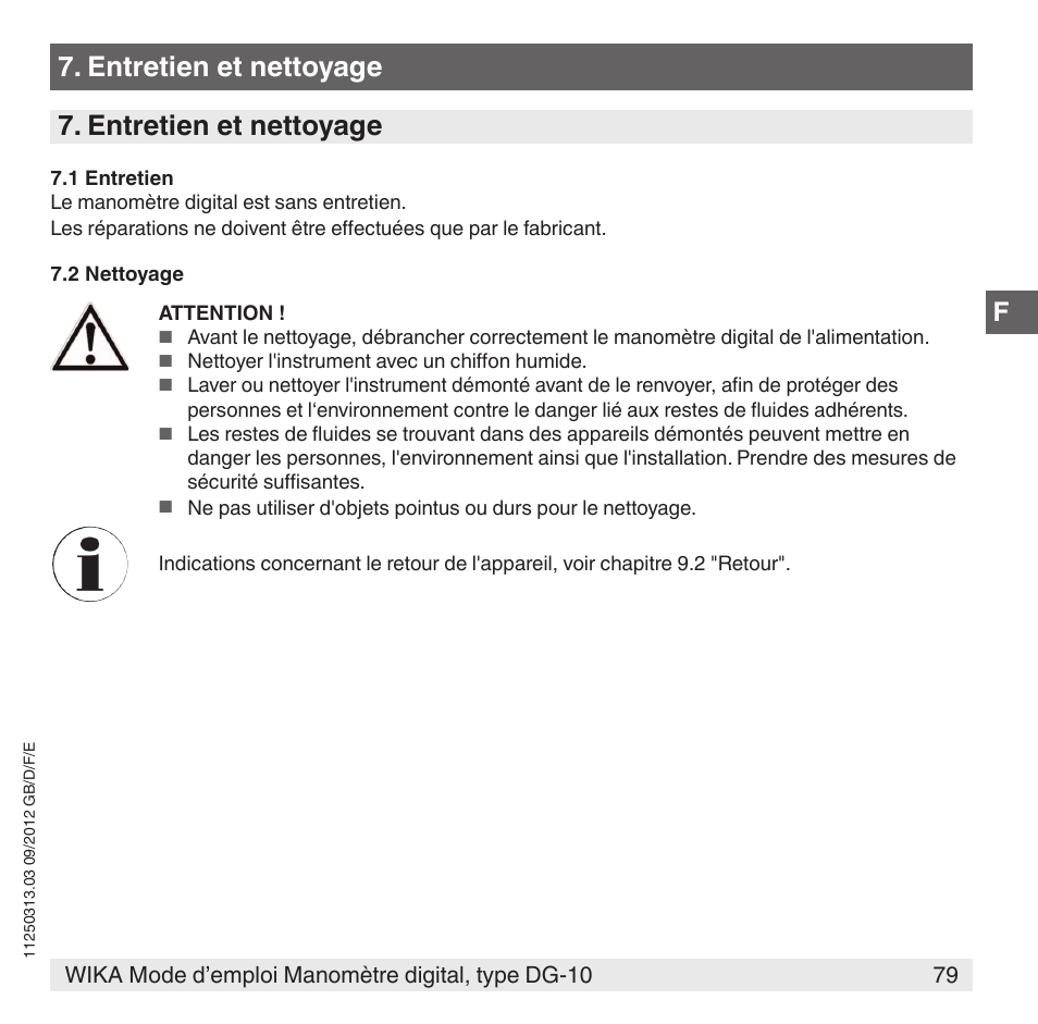 Entretien et nettoyage | WIKA DG-10 User Manual | Page 79 / 112