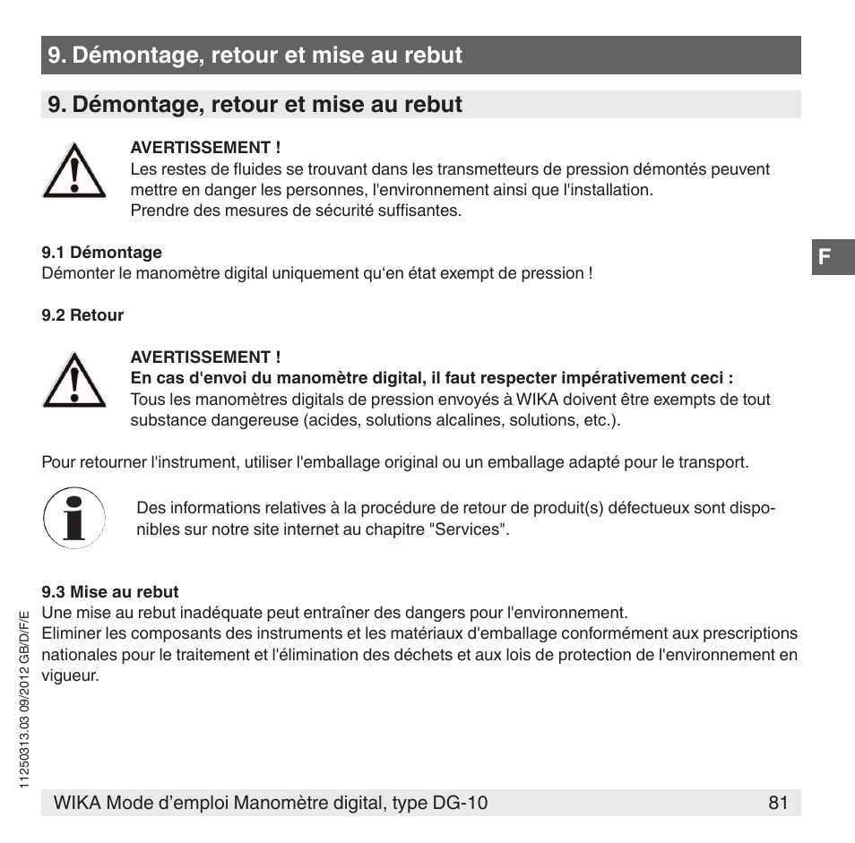 Démontage, retour et mise au rebut | WIKA DG-10 User Manual | Page 81 / 112