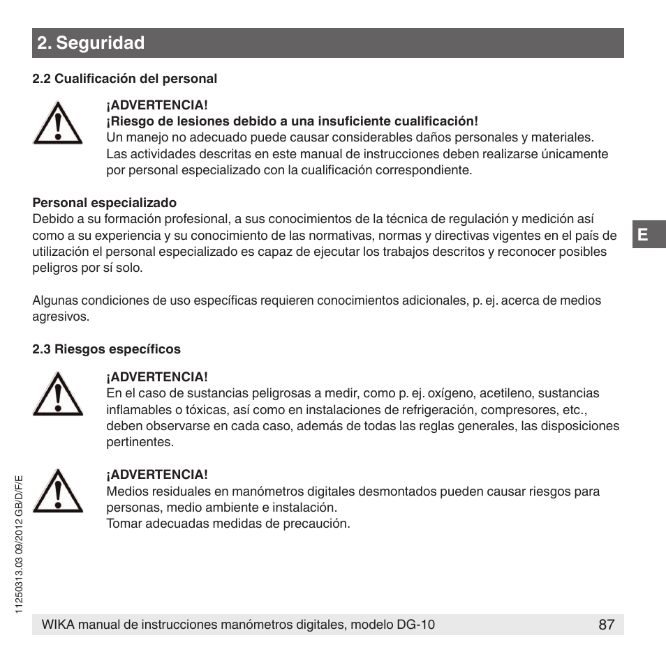 Seguridad | WIKA DG-10 User Manual | Page 87 / 112