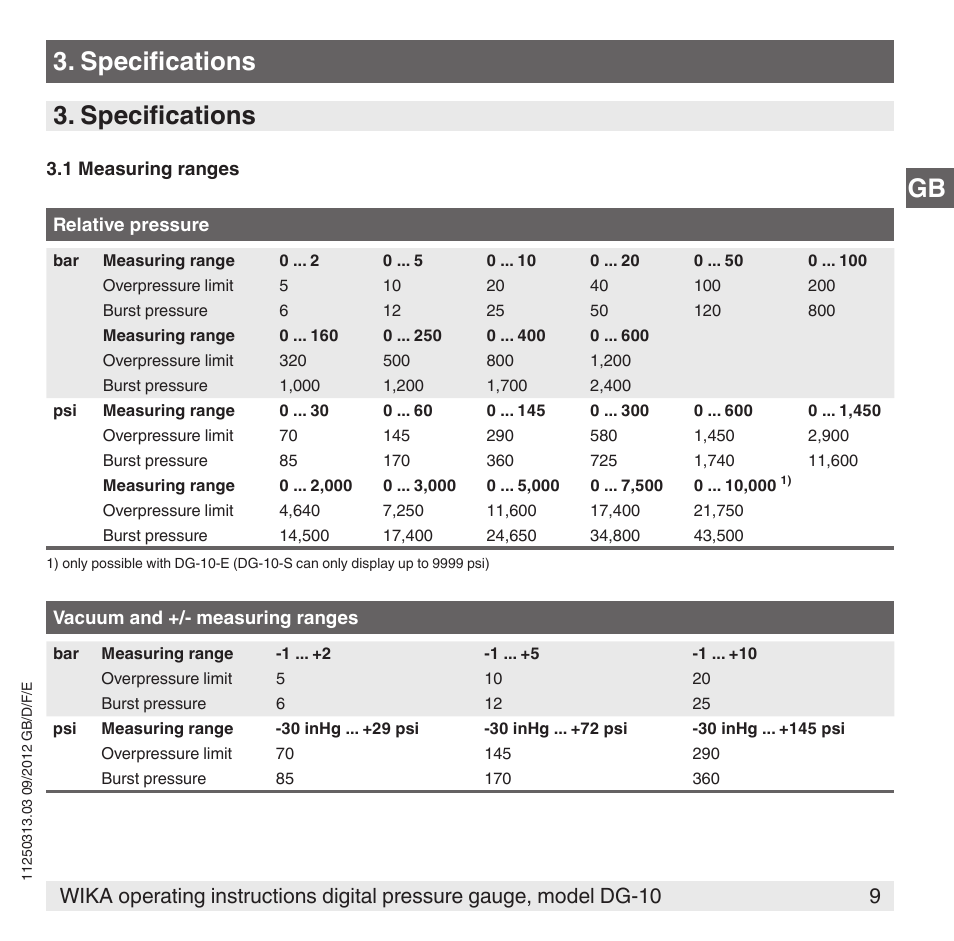 Gb 3. specifications 3. specifications | WIKA DG-10 User Manual | Page 9 / 112