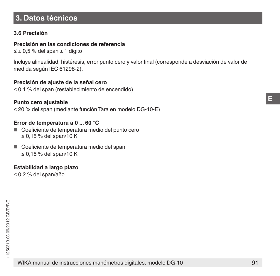 Datos técnicos | WIKA DG-10 User Manual | Page 91 / 112