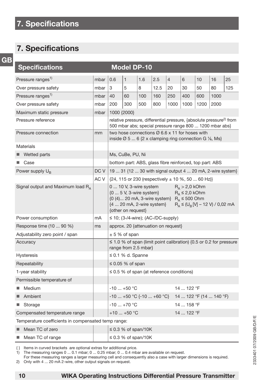 Specifications, Specifications model dp-10 | WIKA DP-10 User Manual | Page 10 / 44