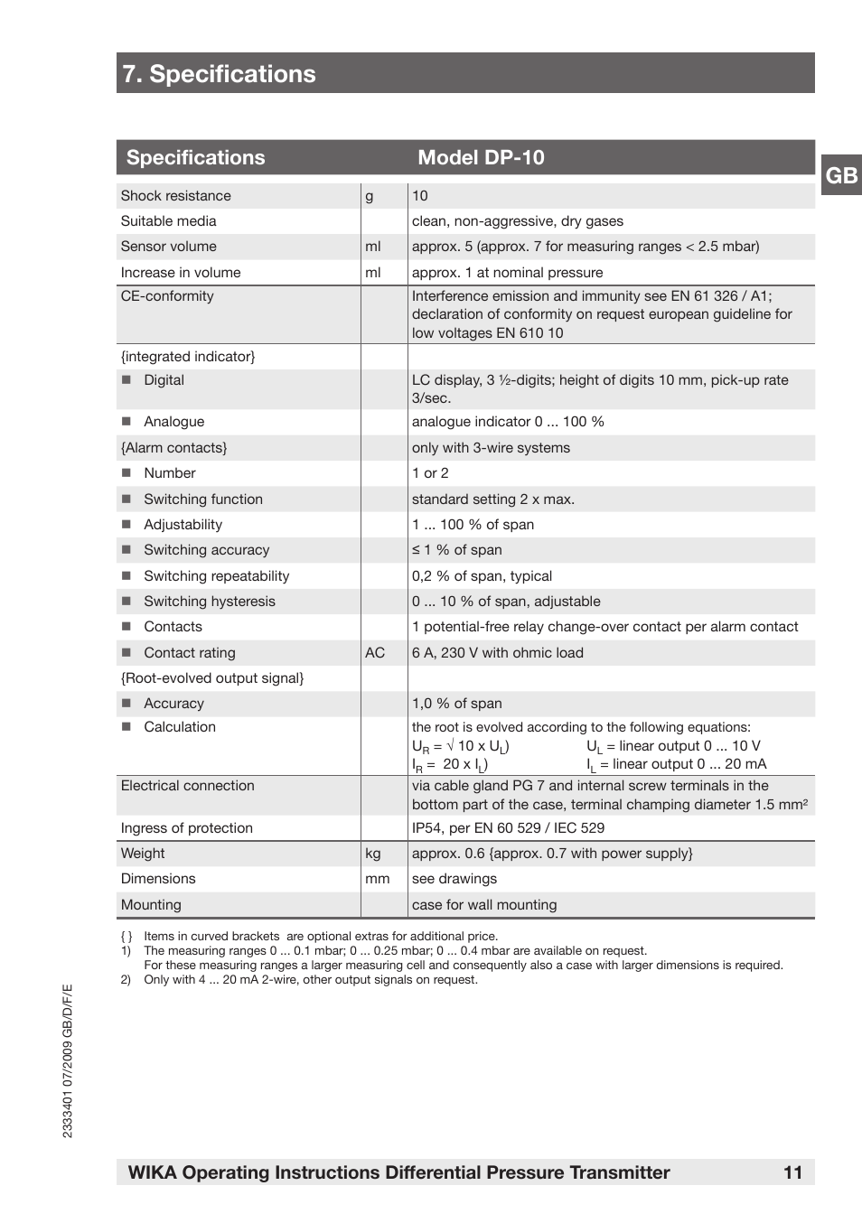 Specifications, Specifications model dp-10 | WIKA DP-10 User Manual | Page 11 / 44