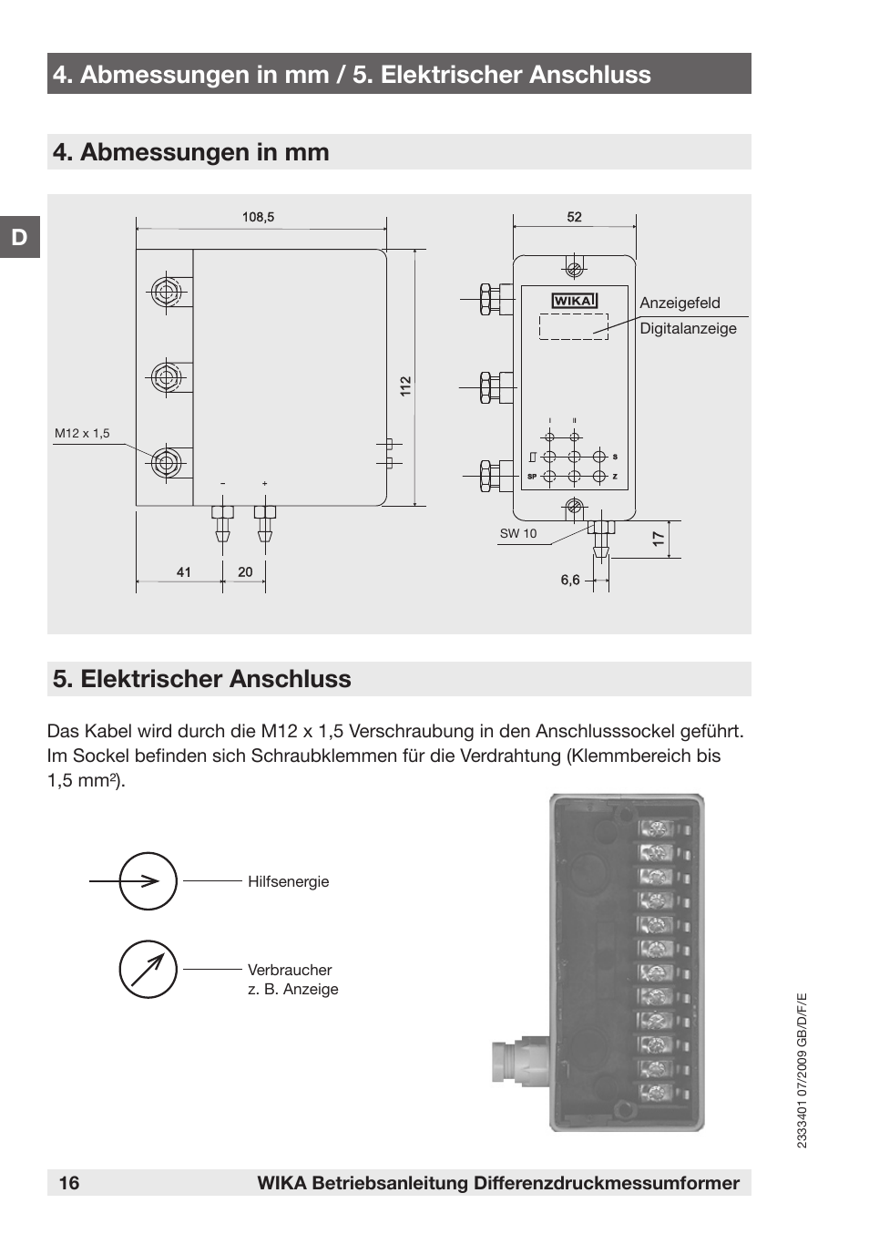 Elektrischer anschluss | WIKA DP-10 User Manual | Page 16 / 44