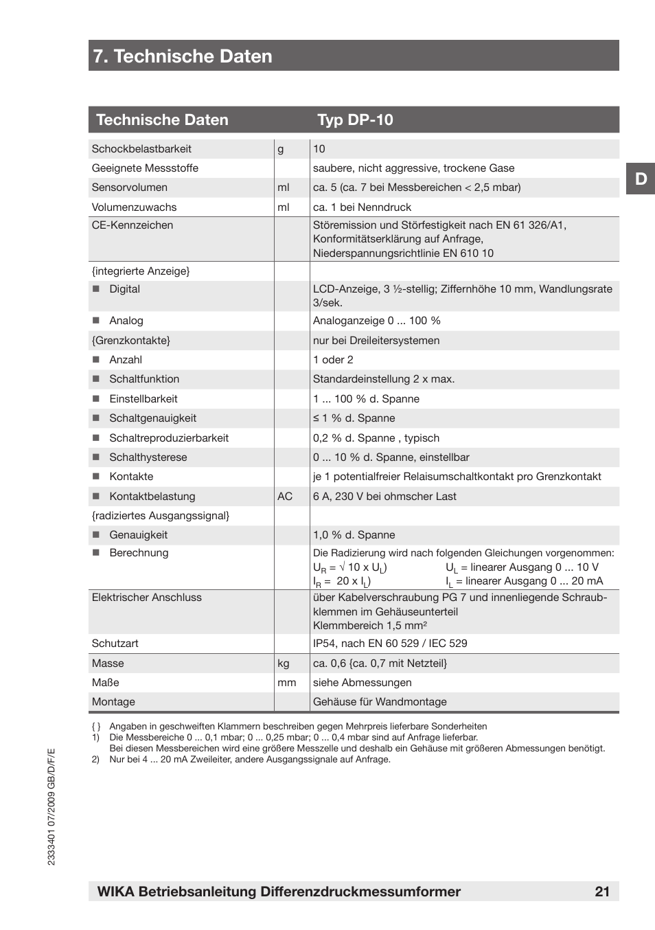 Technische daten, Technische daten typ dp-10 | WIKA DP-10 User Manual | Page 21 / 44