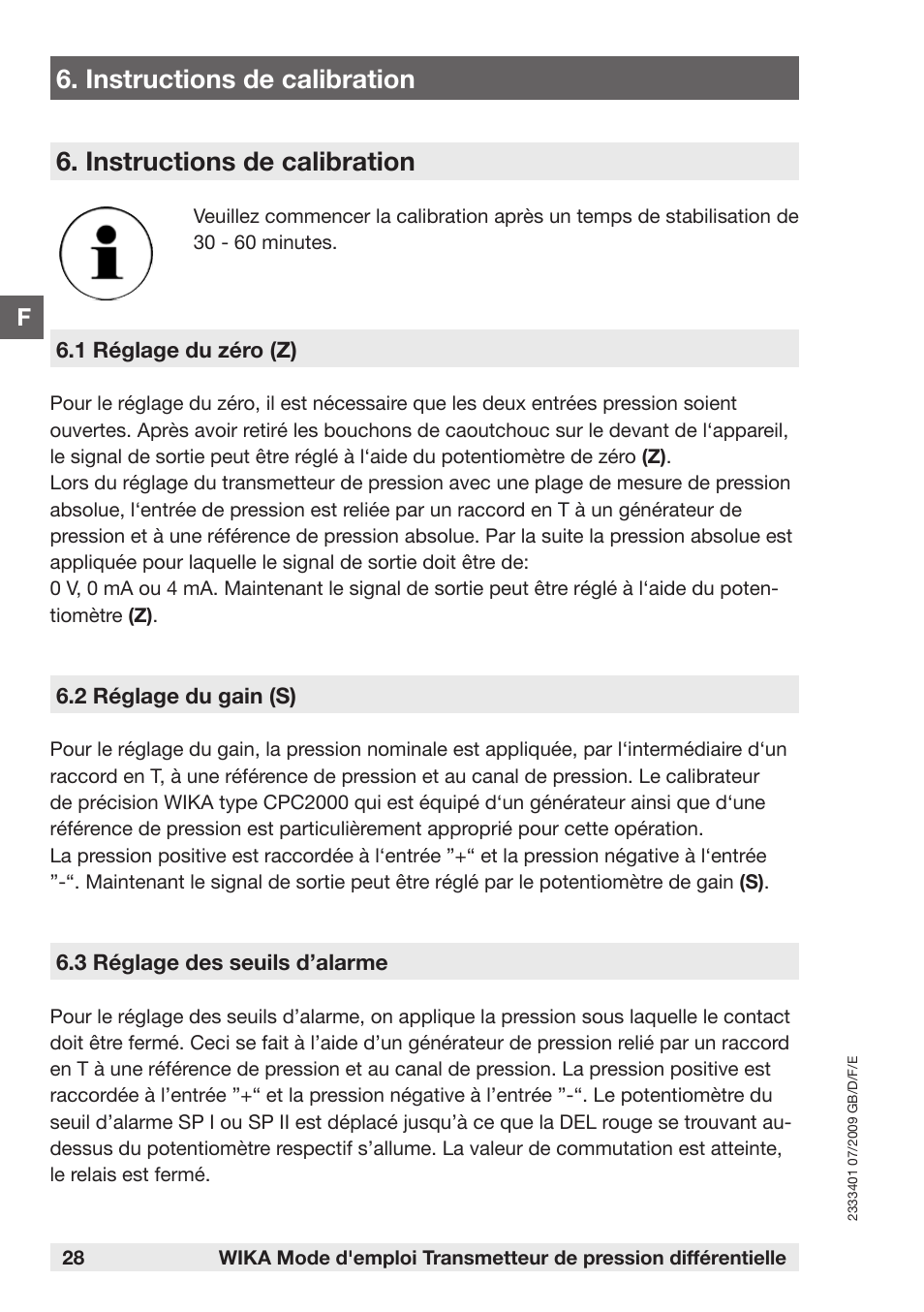 Instructions de calibration | WIKA DP-10 User Manual | Page 28 / 44