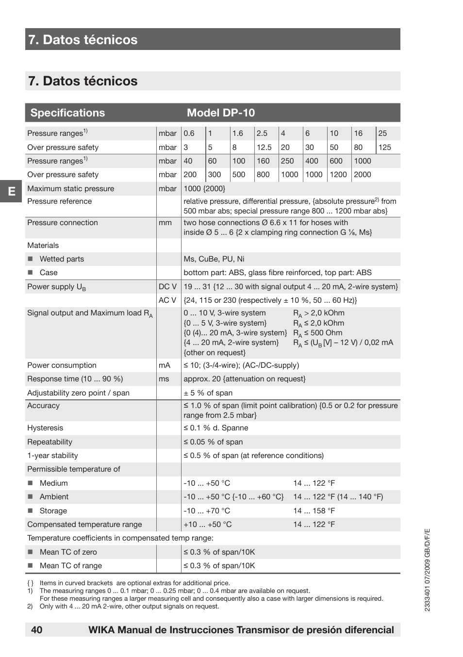 Datos técnicos, Specifications model dp-10 | WIKA DP-10 User Manual | Page 40 / 44