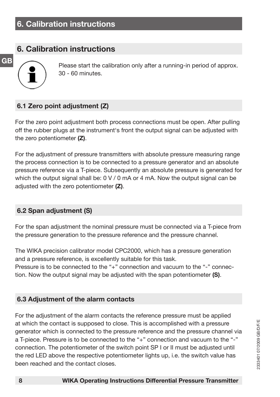 Calibration instructions | WIKA DP-10 User Manual | Page 8 / 44