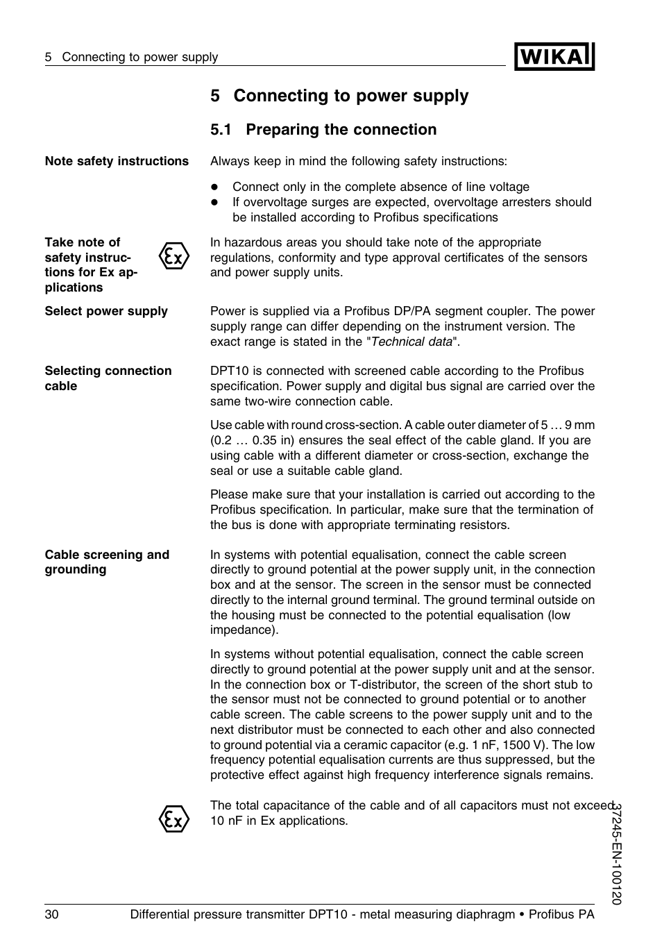 5 connecting to power supply, 1 preparing the connection, 5connecting to power supply | WIKA DPT-10 User Manual | Page 30 / 96