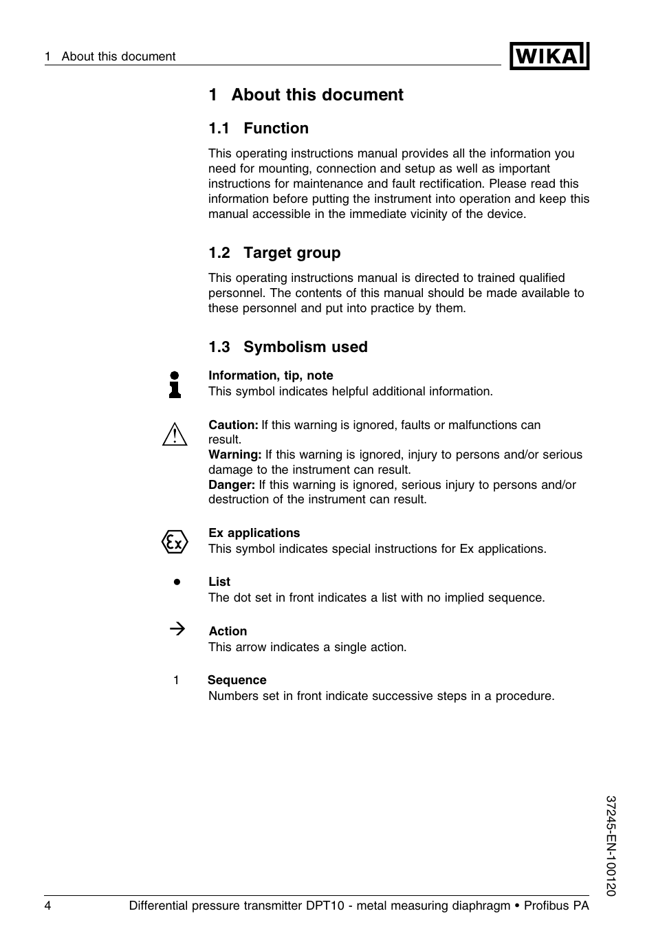 1 about this document, 1 function, 2 target group | 3 symbolism used, 1about this document | WIKA DPT-10 User Manual | Page 4 / 96