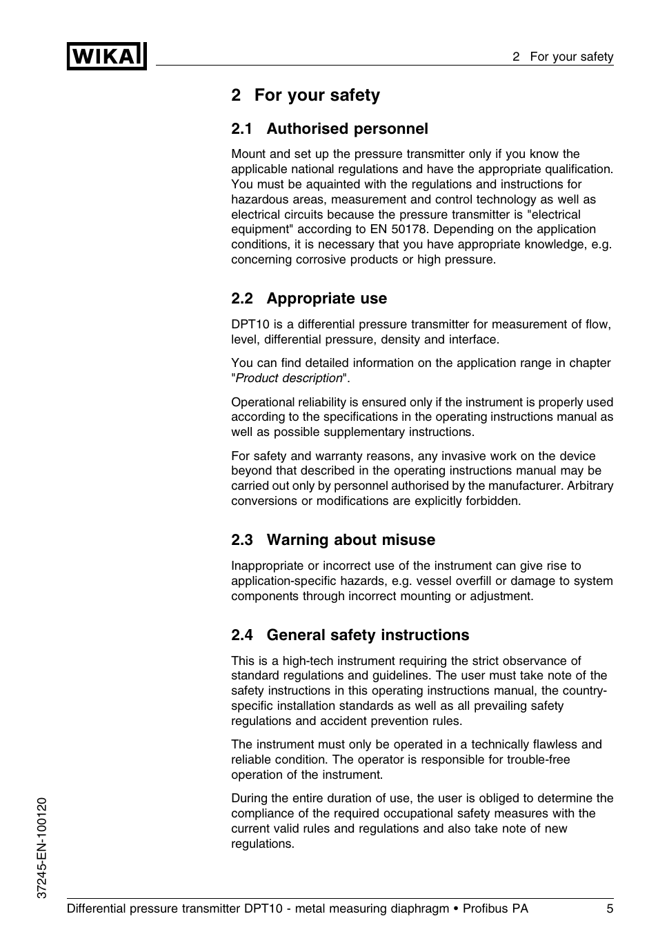 2 for your safety, 1 authorised personnel, 2 appropriate use | 3 warning about misuse, 4 general safety instructions, 2for your safety | WIKA DPT-10 User Manual | Page 5 / 96
