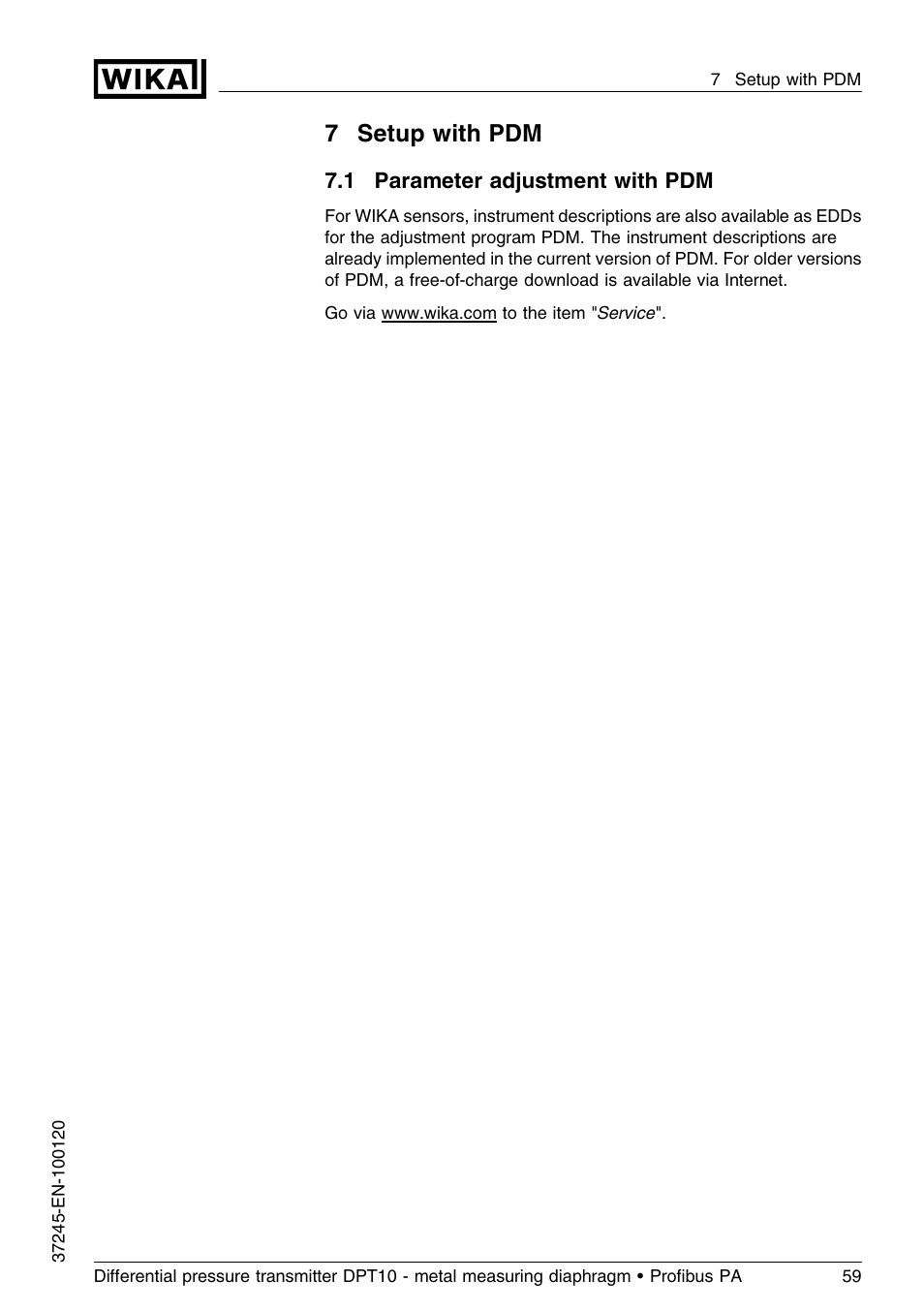 7 setup with pdm, 1 parameter adjustment with pdm, 7setup with pdm | WIKA DPT-10 User Manual | Page 59 / 96