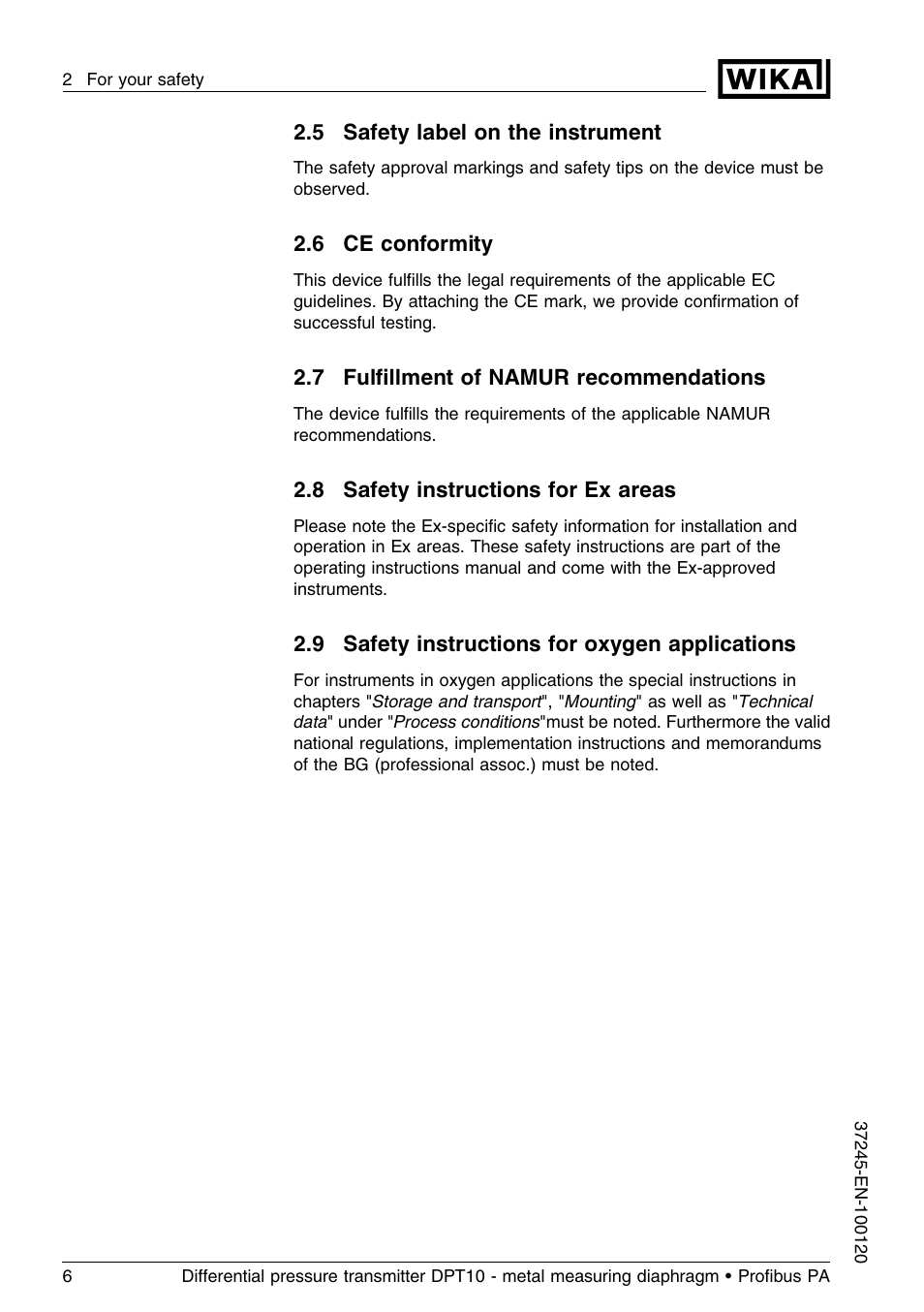 5 safety label on the instrument, 6 ce conformity, 7 fulfillment of namur recommendations | 8 safety instructions for ex areas, 9 safety instructions for oxygen applications | WIKA DPT-10 User Manual | Page 6 / 96