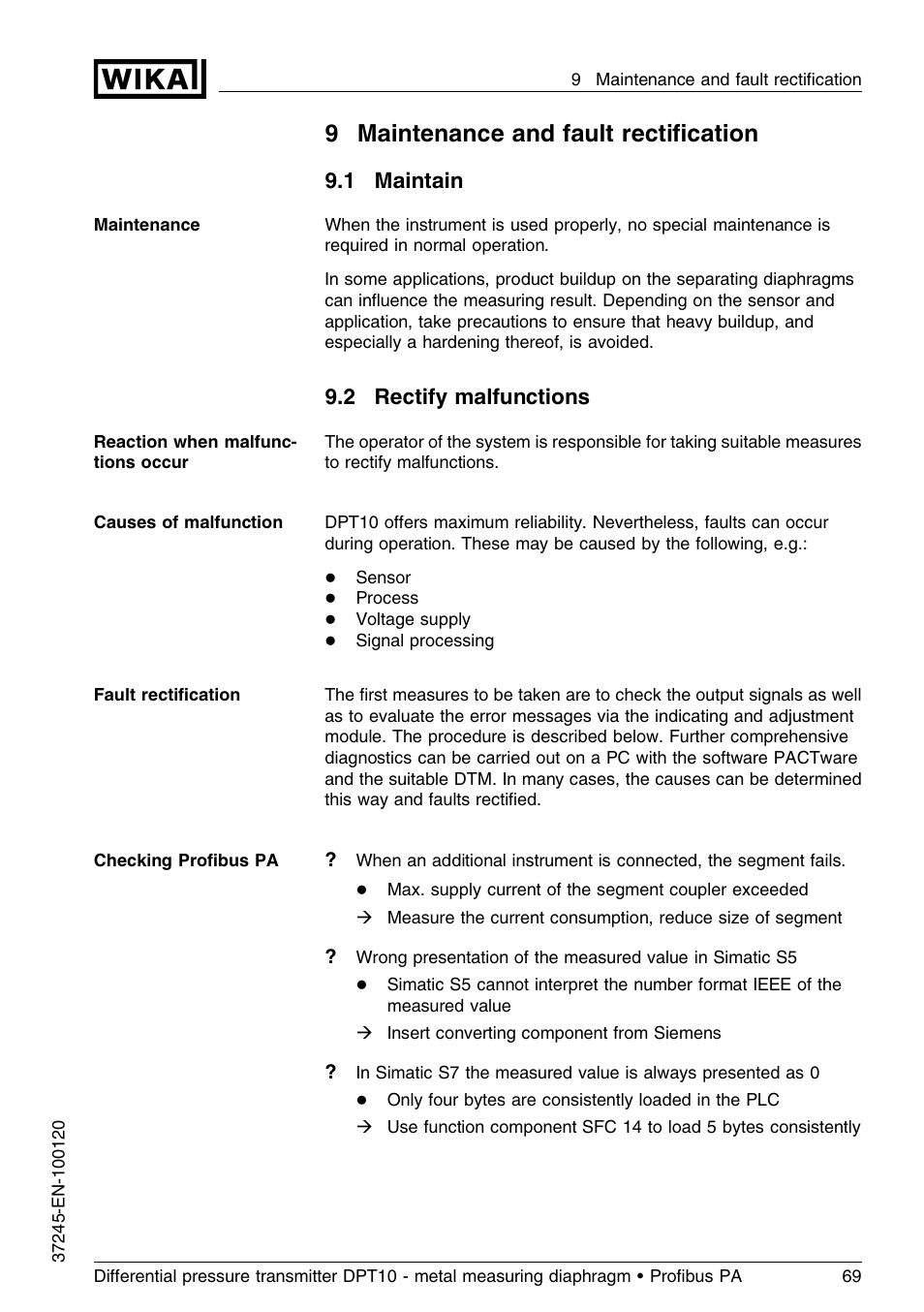 9 maintenance and fault rectification, 1 maintain, 2 rectify malfunctions | 9maintenance and fault rectiﬁcation | WIKA DPT-10 User Manual | Page 69 / 96