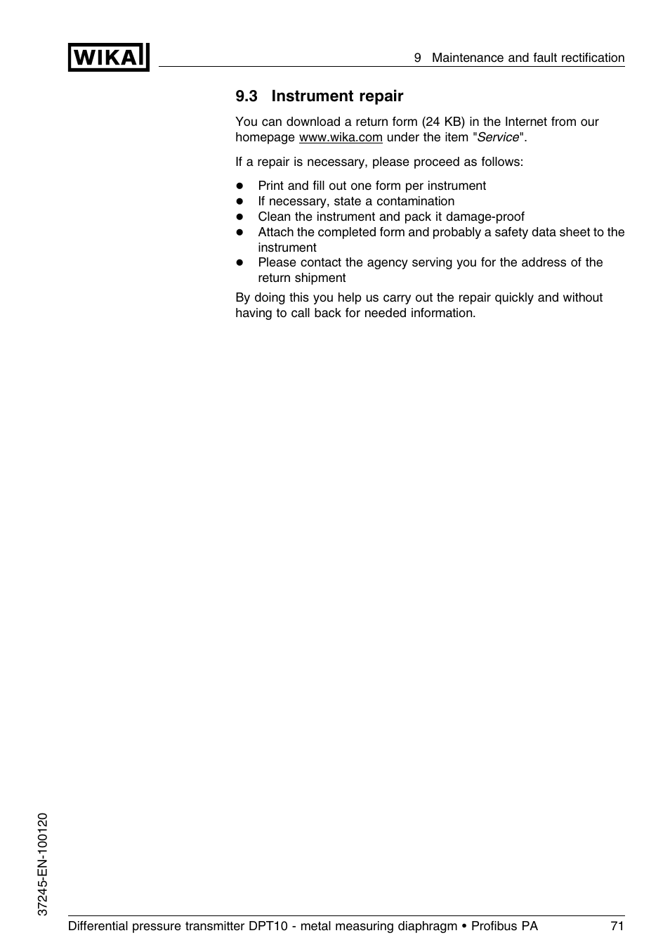 3 instrument repair | WIKA DPT-10 User Manual | Page 71 / 96