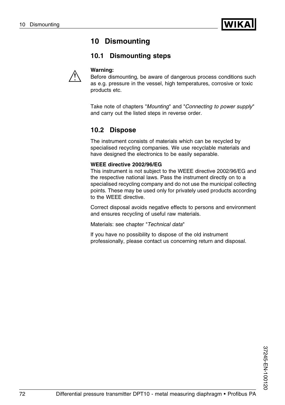 10 dismounting, 1 dismounting steps, 2 dispose | WIKA DPT-10 User Manual | Page 72 / 96