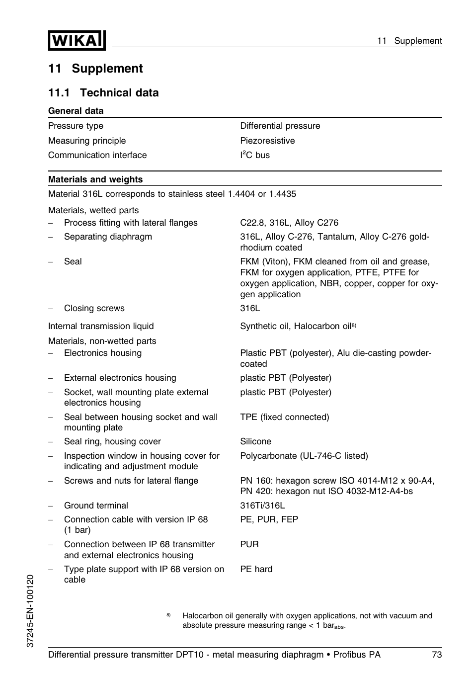 11 supplement, 1 technical data, 11 .1 technical data | WIKA DPT-10 User Manual | Page 73 / 96
