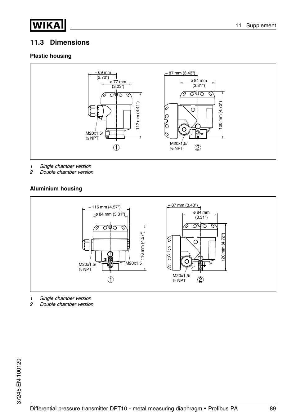 3 dimensions, 11 .3 dimensions, Plastic housing | Aluminium housing | WIKA DPT-10 User Manual | Page 89 / 96