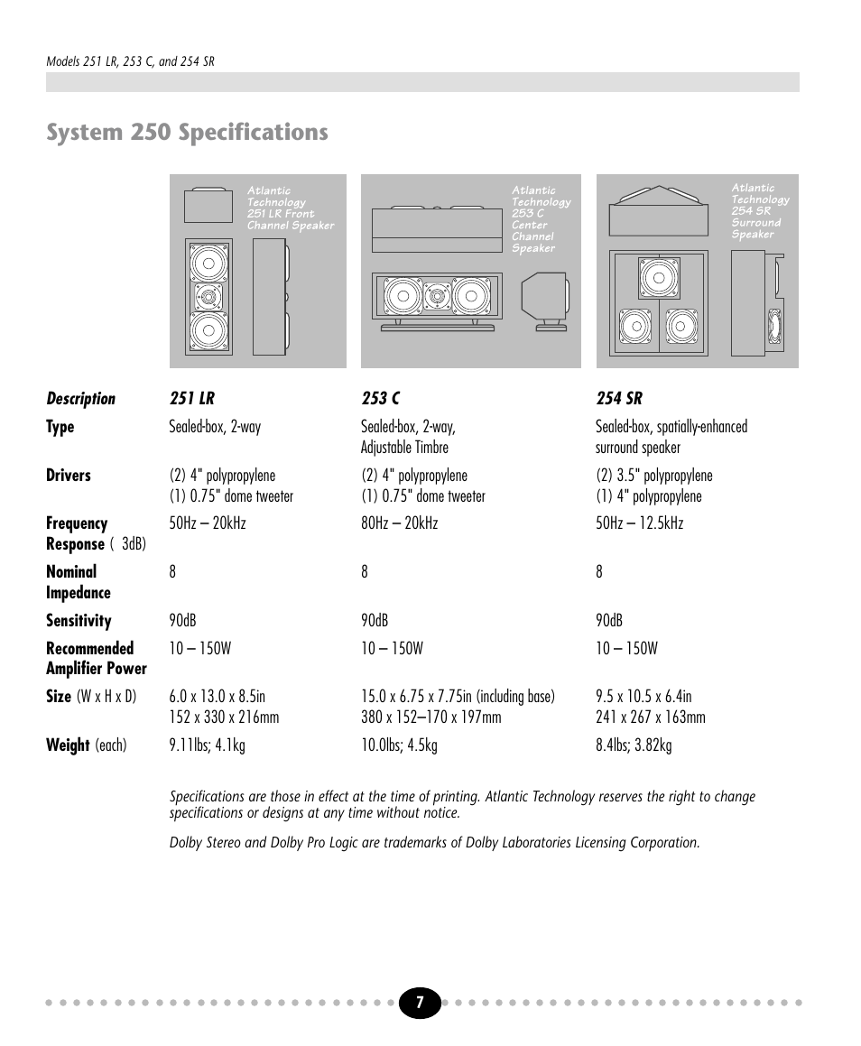 Tlantic, System 250 specifications | Atlantic Technology 253 C User Manual | Page 7 / 8