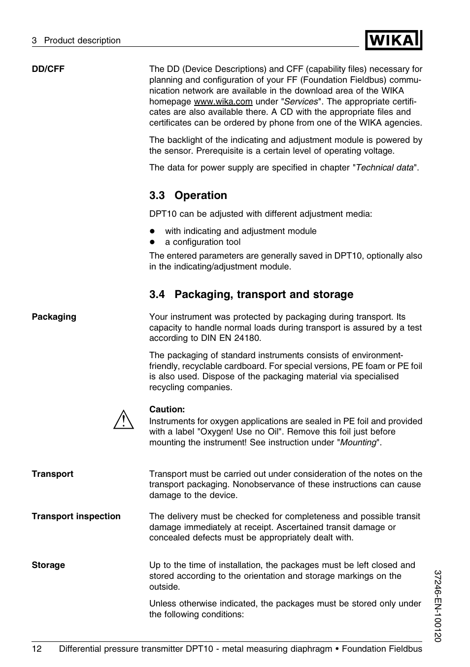 3 operation, 4 packaging, transport and storage | WIKA DPT-10 User Manual | Page 12 / 92