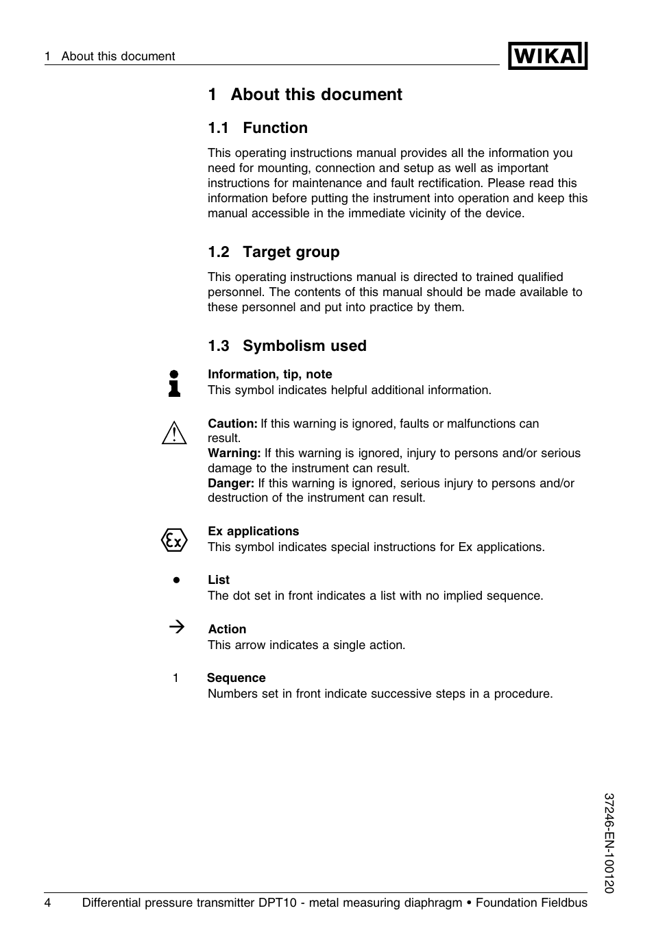 1 about this document, 1 function, 2 target group | 3 symbolism used, 1about this document | WIKA DPT-10 User Manual | Page 4 / 92