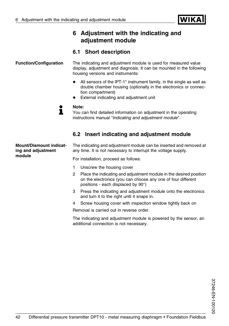 1 short description, 2 insert indicating and adjustment module | WIKA DPT-10 User Manual | Page 42 / 92