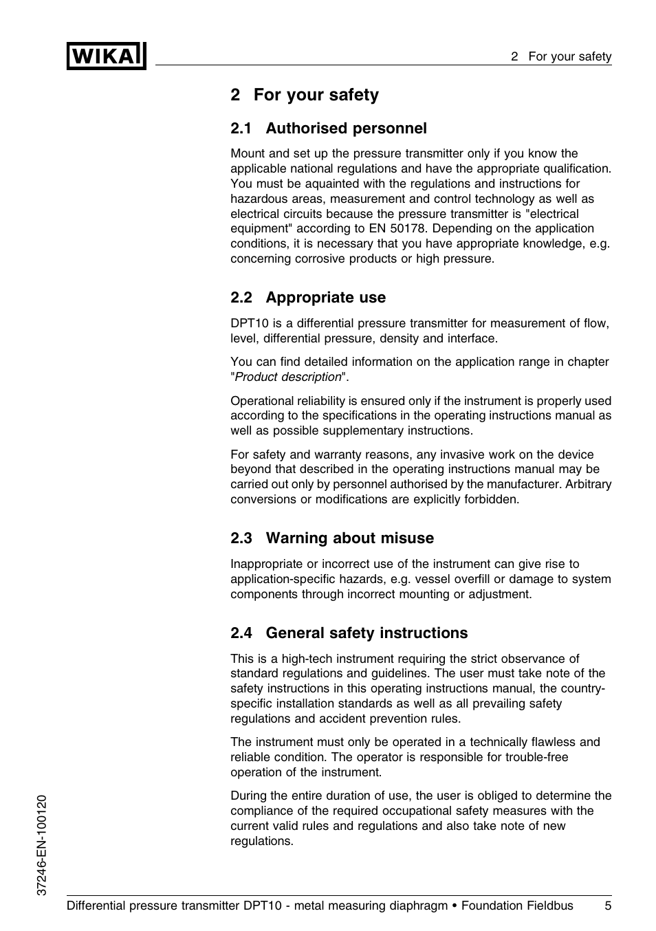 2 for your safety, 1 authorised personnel, 2 appropriate use | 3 warning about misuse, 4 general safety instructions, 2for your safety | WIKA DPT-10 User Manual | Page 5 / 92