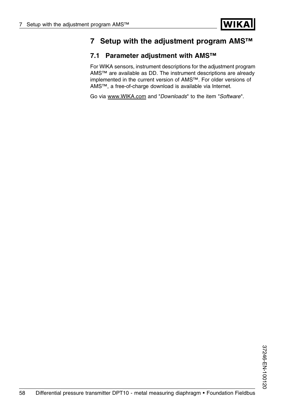 7 setup with the adjustment program ams, 1 parameter adjustment with ams, 7setup with the adjustment program ams | WIKA DPT-10 User Manual | Page 58 / 92