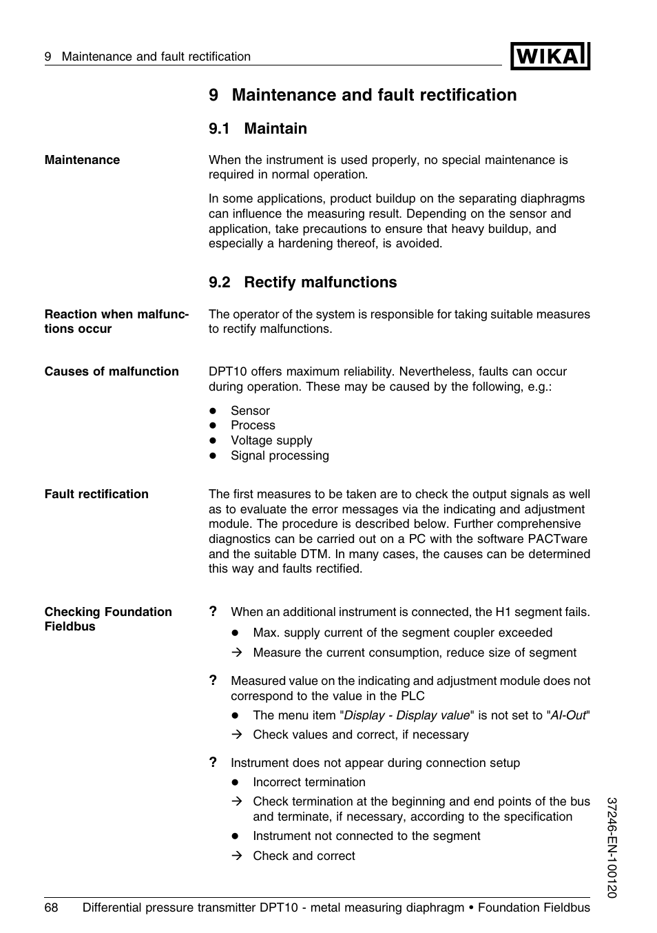 9 maintenance and fault rectification, 1 maintain, 2 rectify malfunctions | 9maintenance and fault rectiﬁcation | WIKA DPT-10 User Manual | Page 68 / 92