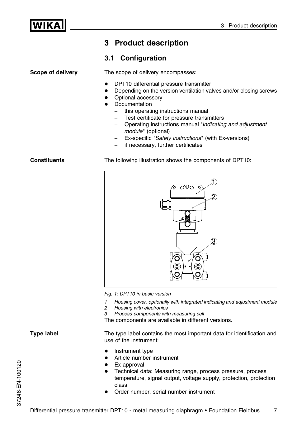 3 product description, 1 configuration, 3product description | 1 conﬁguration | WIKA DPT-10 User Manual | Page 7 / 92