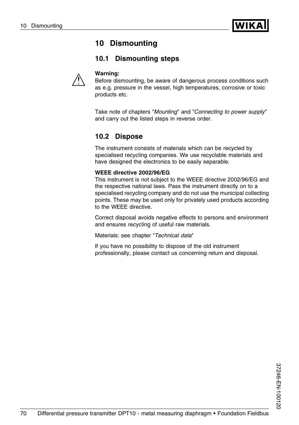 10 dismounting, 1 dismounting steps, 2 dispose | WIKA DPT-10 User Manual | Page 70 / 92