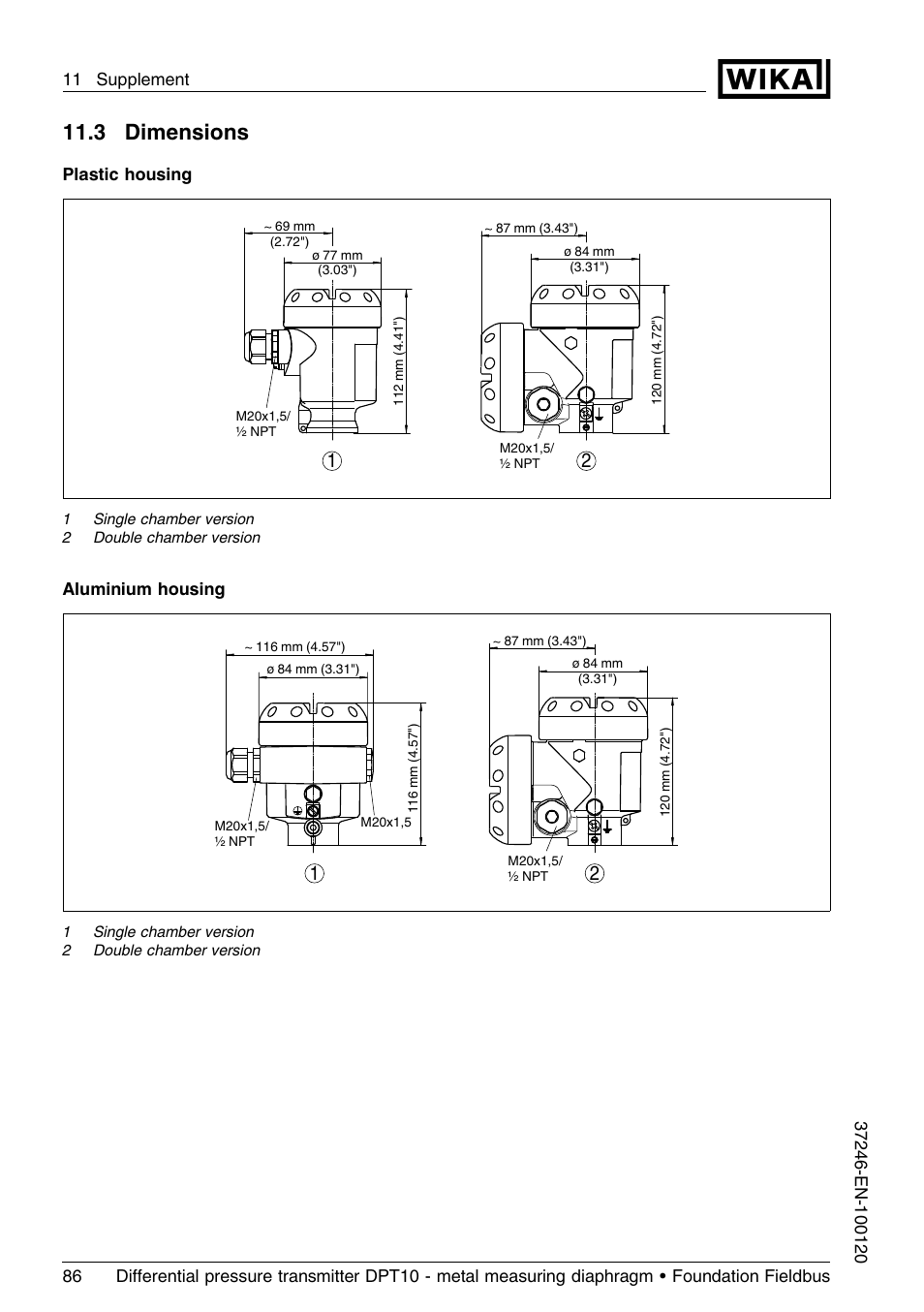 3 dimensions, 11 .3 dimensions, Plastic housing | Aluminium housing | WIKA DPT-10 User Manual | Page 86 / 92